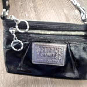 Coach Poppy patent leather black mini shoulder bag with 2 zippers